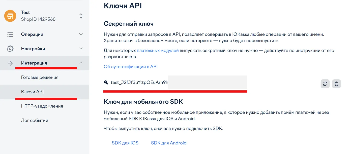 Раздел «Интеграция» → «Ключи API» в кабинете ЮKassa: блок «Секретный ключ»