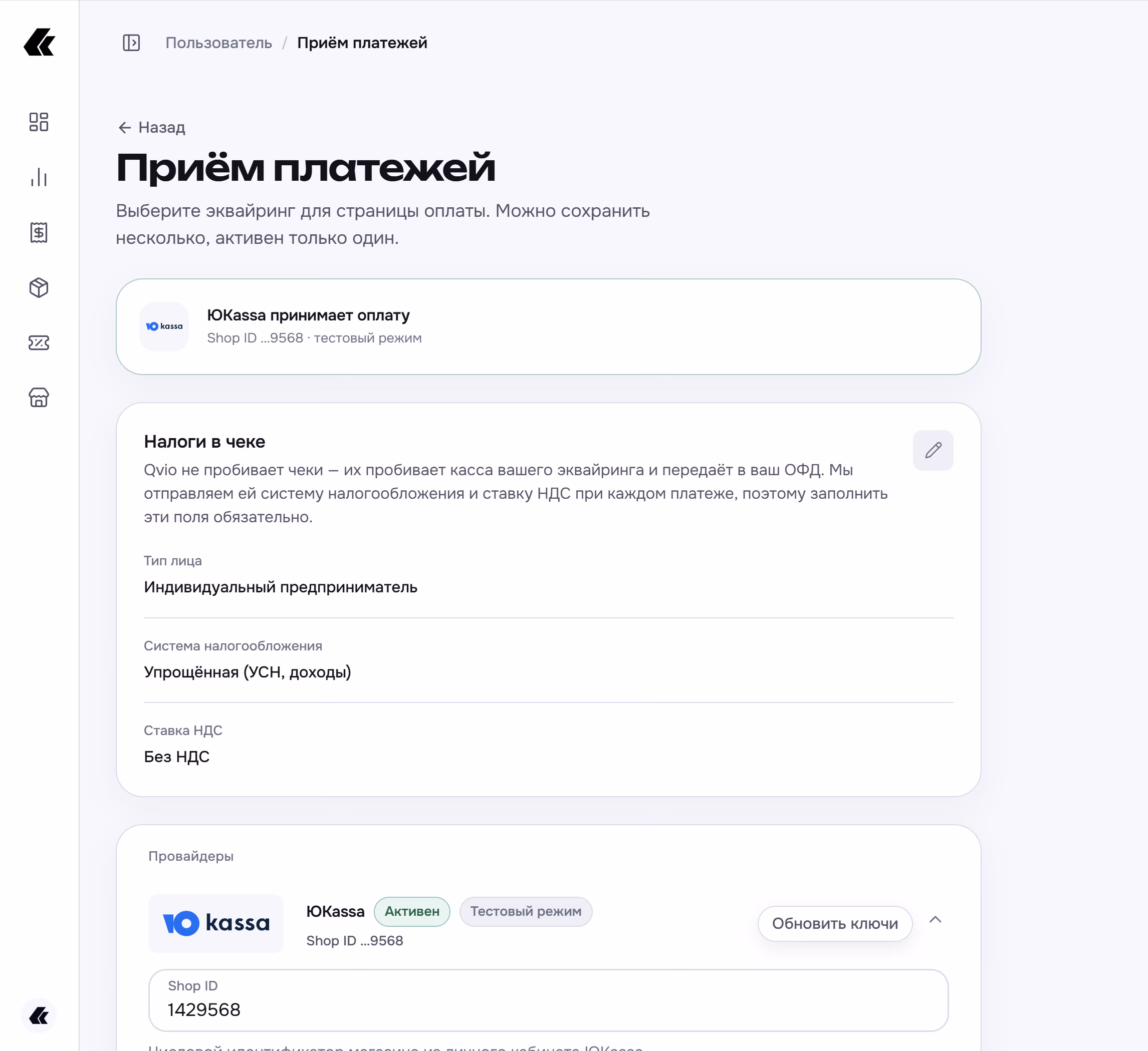 Раздел «Приём платежей» в настройках Qvio: подключённая ЮKassa, налоговые параметры для чека — ИП, УСН доходы, без НДС — и список провайдеров ЮKassa и Robokassa