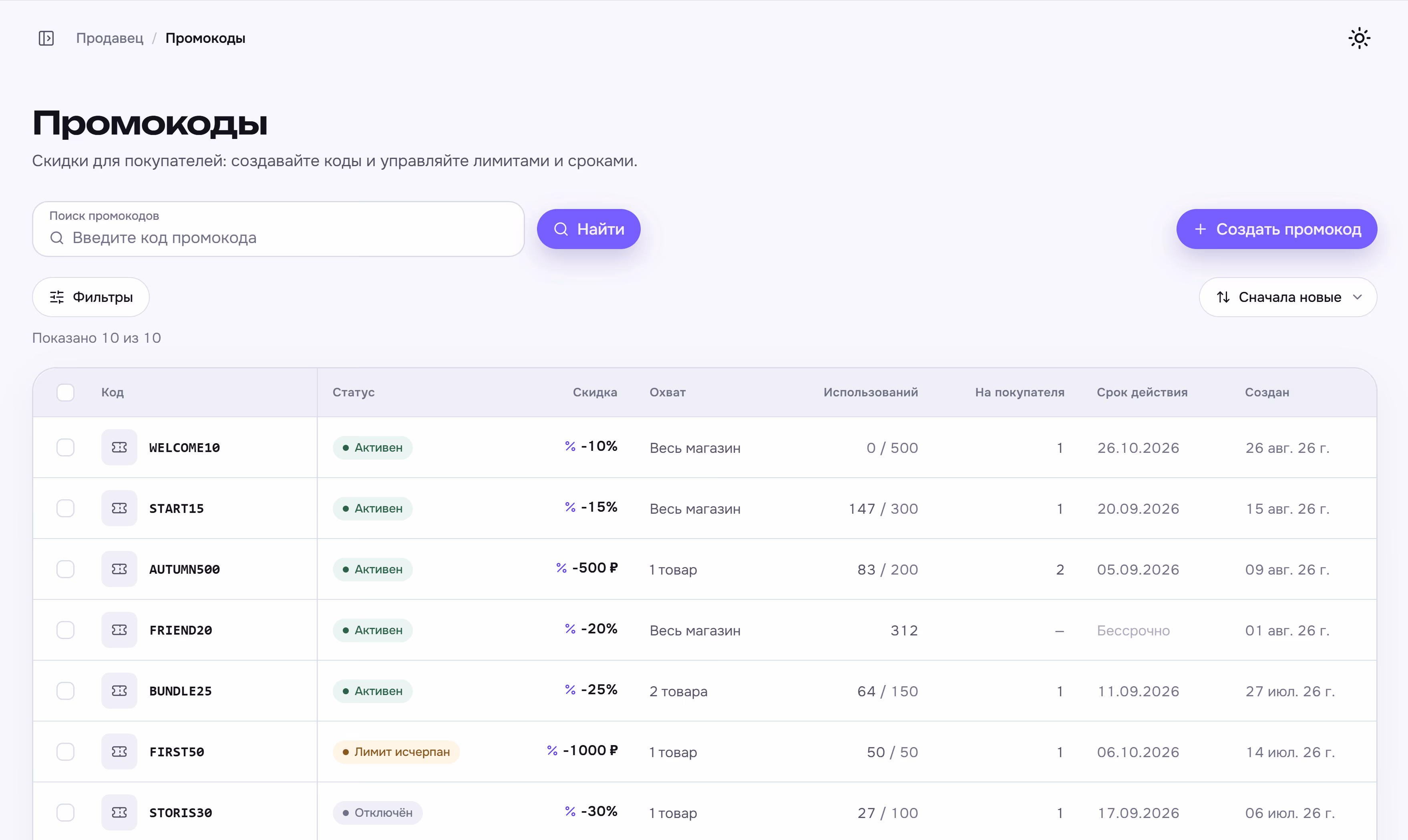 Раздел «Промокоды» в Qvio: коды со скидкой в процентах и рублях, охват на весь магазин или отдельные товары, лимиты использований и сроки действия, статусы «Активен», «Лимит исчерпан» и «Отключён»